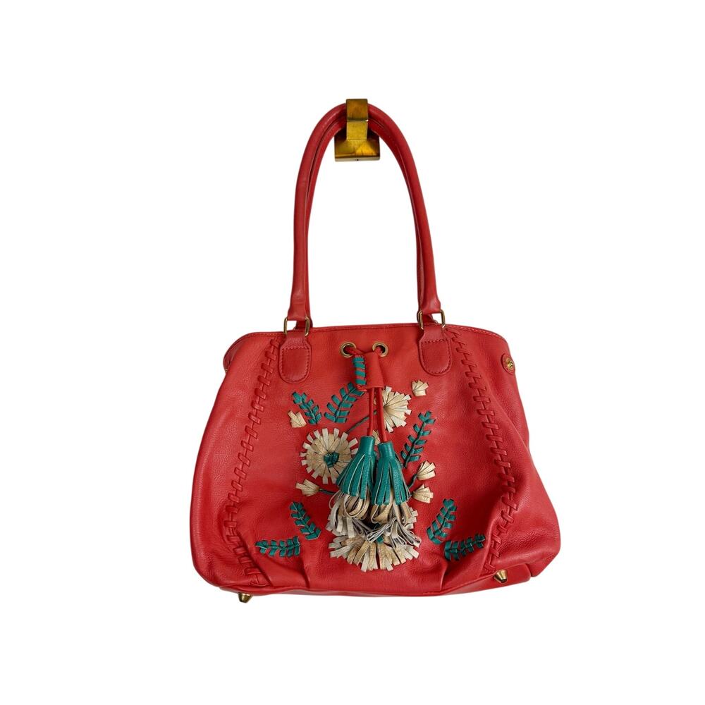 Fiore by Isabella Fiore Orange Leather Embroidered Flowers Handbag Tassel
